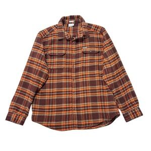 Columbia Mens Large Brown‎ Orange Plaid Flannel Shirt Regular Fit Long Sleeve BM